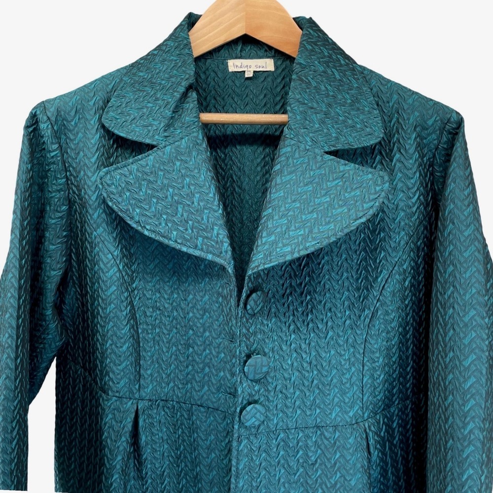 Indigo Soul Teal Green Textured Jacquard Babydoll Jacket Blazer Womens 2XL Chic
